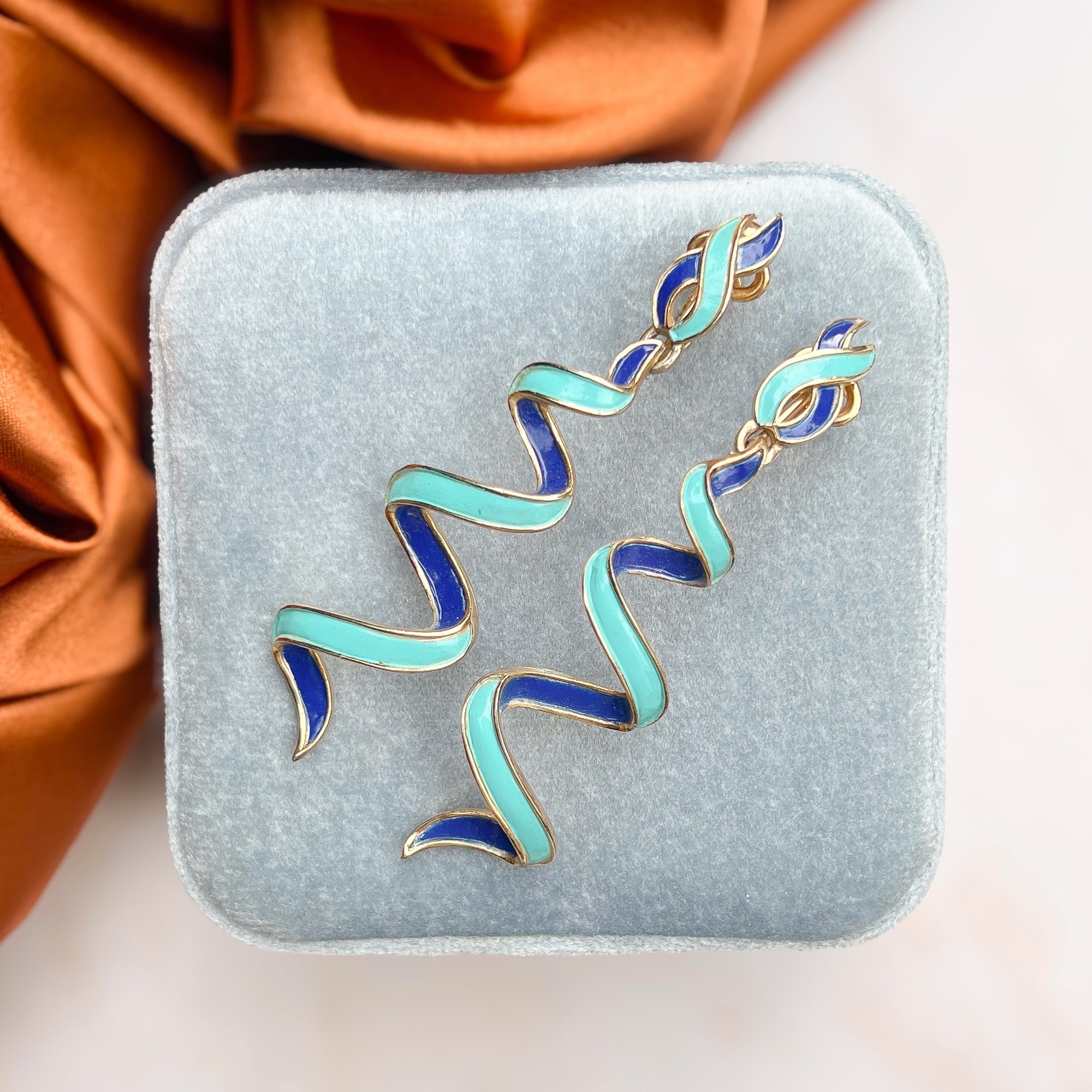 Trifari 1960s Turquoise and Blue Enamel Vintage Ribbon Earrings